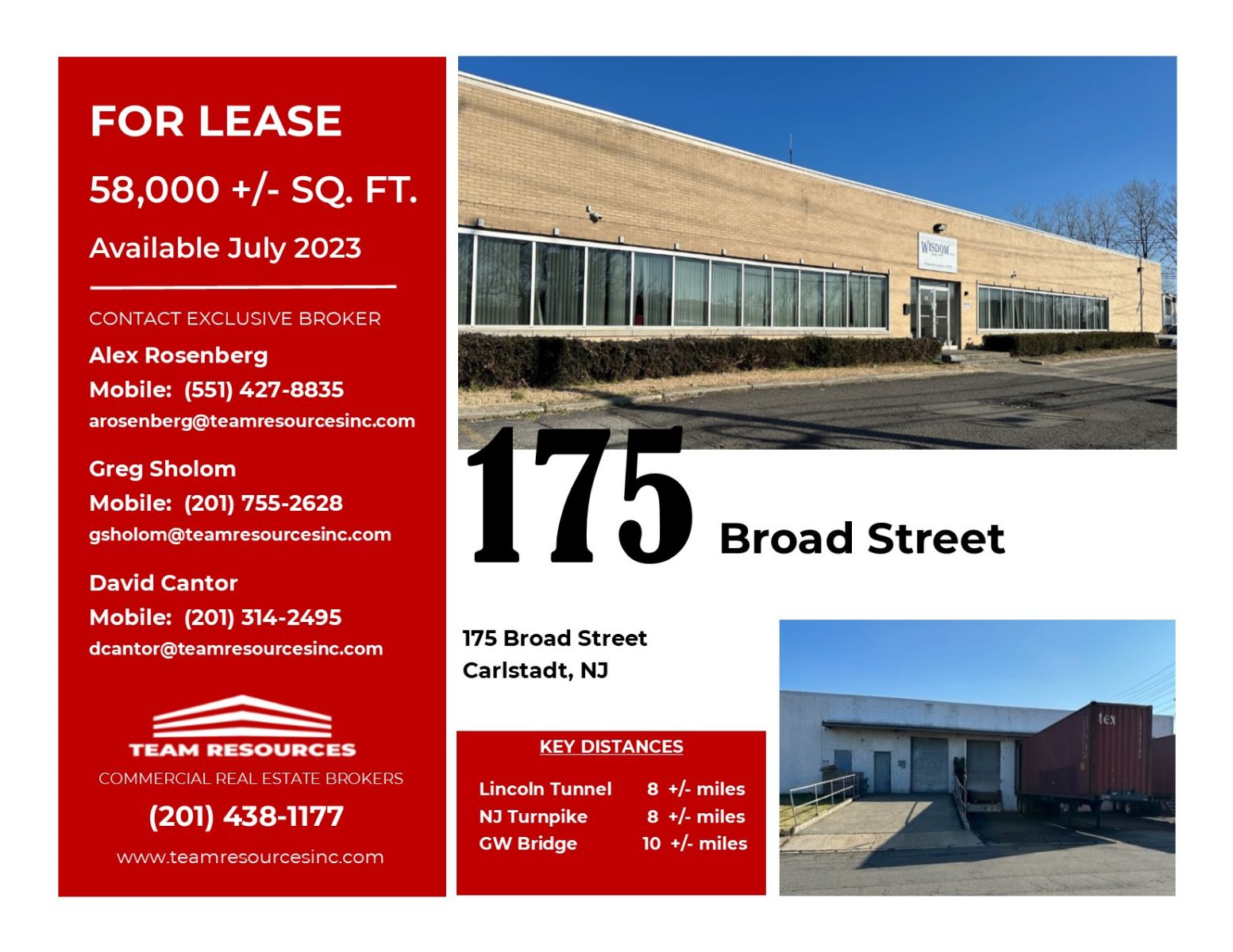 FOR LEASE +/ 58,000 SQ. FT. AT 175 BROAD STREET IN CARLSTADT, NJ